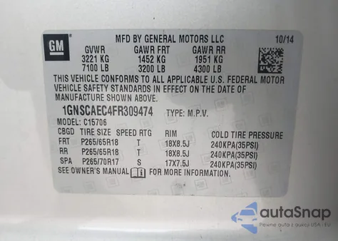 2015 Chevrolet Tahoe Ls из США, поврежденный, VIN 1GNSCAEC4FR309474